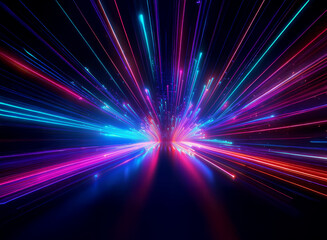 Fototapeta premium Vibrant streaks of light burst from a central point, radiating outwards in a dazzling display of neon pink, blue, and red against a deep black background. The effect is one of intense speed and energ