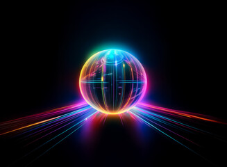 A vibrant, glowing sphere radiates multicolored light streaks across a dark, reflective surface.  The sphere's energy pulses with internal luminescence.