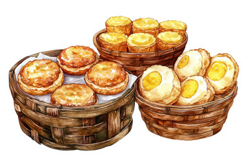Three woven baskets filled with assorted baked goods, including savory pastries and egg tarts, showcasing a variety of textures and colors.