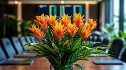 The conference hall, styled with rows of chairs and a large screen, is primed for a presentation. The room is festively decorated with flowers for a special occasion