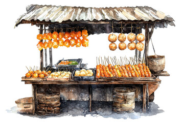 A rustic food stall featuring various grilled items and hanging fruits, showcasing a vibrant street food culture.