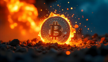Fiery Bitcoin: A Digital Currency Engulfed in Flames with Explosive Sparks Surrounding It