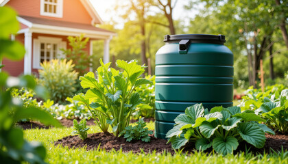 Enhancing garden growth with a green composting bin in a sunny backyard oasis on a vibrant summer afternoon