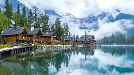 Obraz premium Mountain lake cabins, misty morning, scenic reflection, tranquil getaway