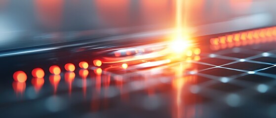 A close-up view of a futuristic digital interface, featuring glowing elements and a grid pattern, suggesting advanced technology and innovation.