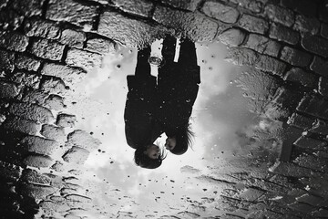 Silhouetted couple reflected in a puddle on cobblestone street.