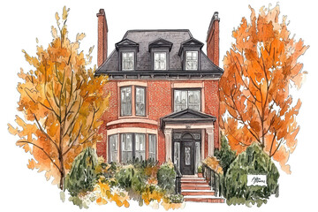 A charming brick house surrounded by vibrant autumn trees, showcasing an inviting entrance and classic architectural features.