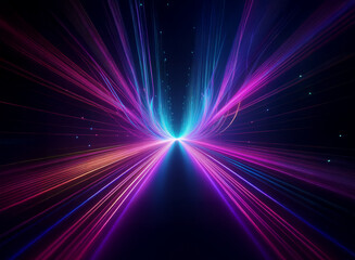 Obraz premium Vibrant streaks of purple, pink, and blue light converge at a central point, creating a dynamic, symmetrical pattern against a dark background. The effect is reminiscent of a cosmic tunnel or energy 