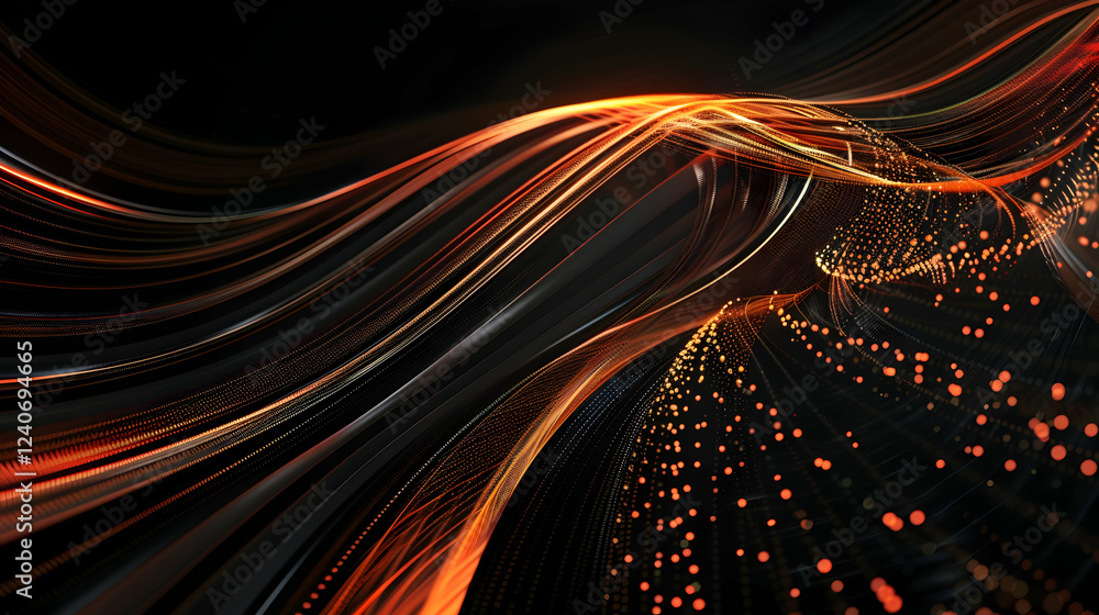 Poster Abstract flowing lines with glowing particles in dark background, creating a dynamic visual effect