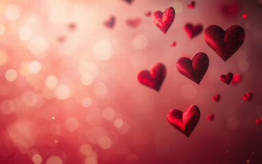 Obraz premium A dreamy scene of floating red hearts against a soft bokeh background