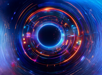 A mesmerizing digital artwork depicting concentric glowing rings of vibrant blue, orange, and pink light surrounding a dark central void.  The circular design suggests motion and energy, creating a fu