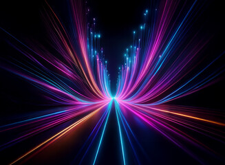 A mesmerizing display of vibrant, multicolored light streaks converging at a central point, creating a dynamic, futuristic tunnel effect against a black background.  The streaks radiate outward, sugge