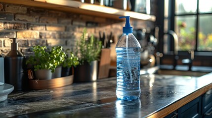 A white plastic bottle of disinfectant cleaner placed at the center of a neat office desk.