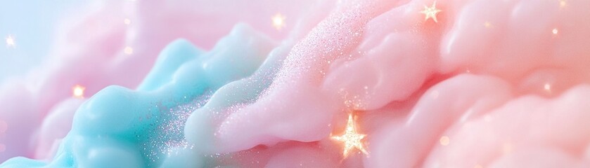 Fototapeta premium A beautiful blend of soft teal, blush, and lavender creates a pastel galaxy effect. Scattered glitter mimics stars and light flares, enhancing the ethereal and dreamy ambiance