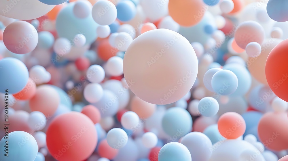 Poster a lot of pastel color balls are floating in the air. the balls are in different sizes and colors, an