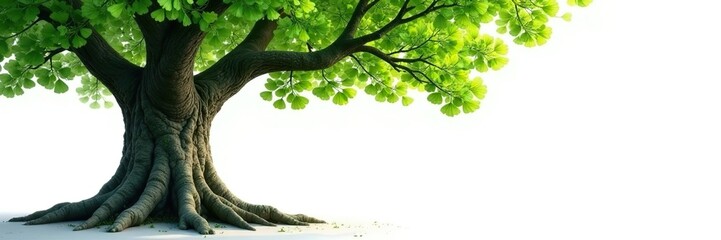 Ancient tree trunk with Ginkgo leaves isolated on white background, green, focus