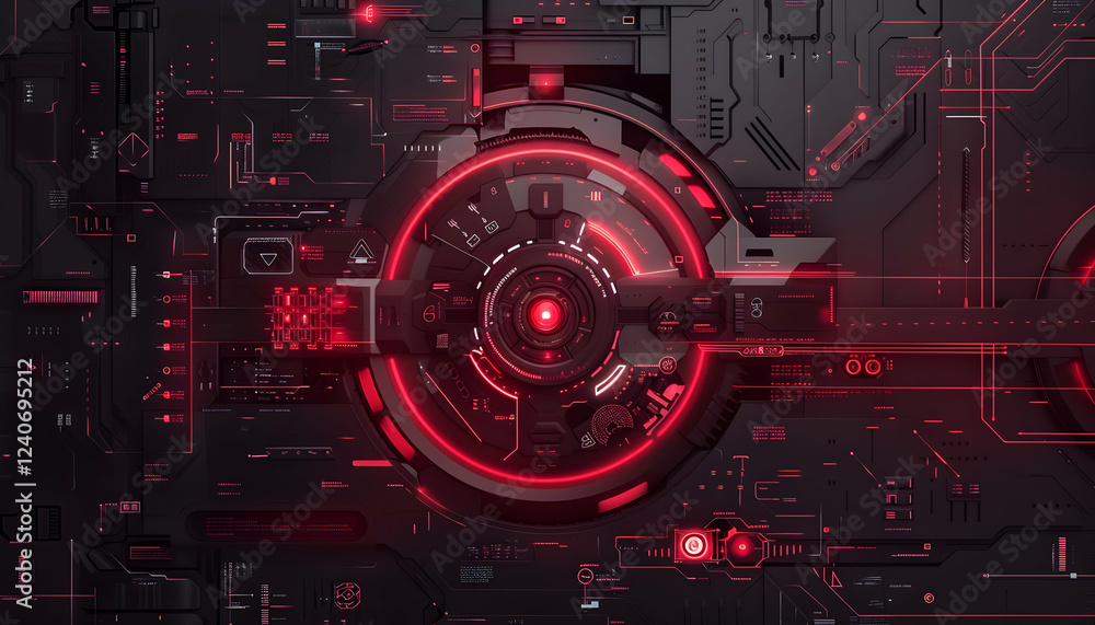 Poster futuristic digital interface with glowing red elements and intricate circuitry patterns