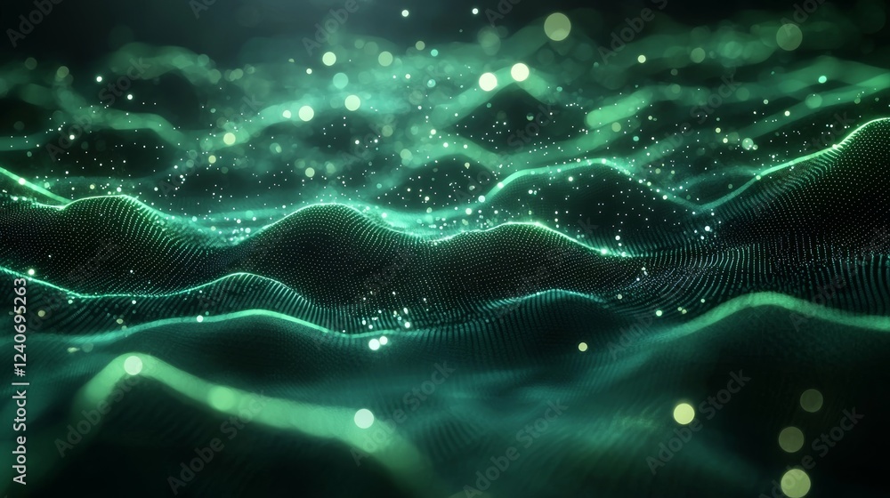Poster futuristic green digital network background with advanced connections and luminous dots, illustratin