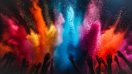 This Participants joyfully celebrate Holi, throwing colored powders into the air, spreading happiness.