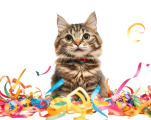 cat with silly expression surrounded by colorful streamers, creating festive atmosphere. This playful scene captures joy and excitement of celebration