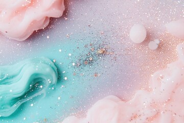 Obraz premium Soft teal, blush, and lavender hues blend into a galaxy gradient, enhanced by scattered glitter that resembles stars, creating a whimsical and ethereal effect