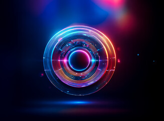 Abstract vibrant circular artwork with glowing neon rings and a dark central core, set against a moody, dark background.  The image evokes feelings of futuristic technology and energy.