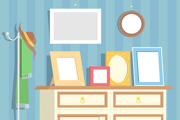 Empty blank frames for memory photo on chest of drawers vector illustration. Cozy home interior design