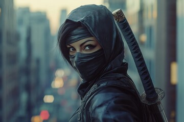 A masked female ninja with a sword on her back watches the street one evening on the roof of a historic building on a busy street in the city. 