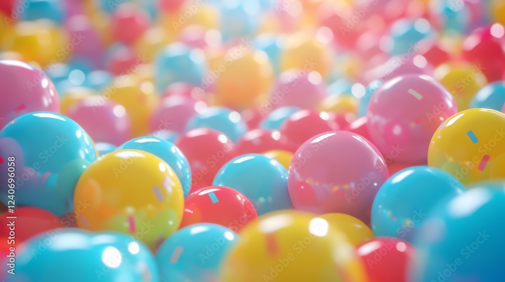 Poster colorful balls in pastel colors. 3d rendering of a ball pit with a soft focus.