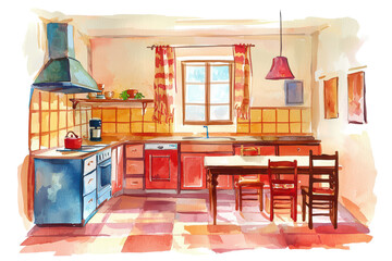 A bright, inviting kitchen featuring a blue cabinet, wooden table, and cozy decor, bathed in warm light from the window.
