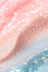 Fototapeta premium A pastel gradient flows gently from soft pink to baby blue, adorned with fine shimmering glitter particles that add an elegant sparkle to the overall design, evoking a dreamy atmosphere