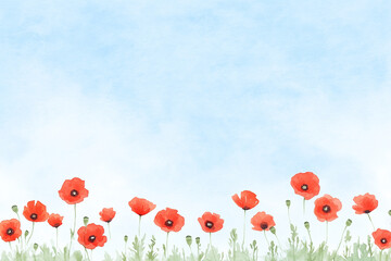 Obraz premium 赤いポピーの花畑、青空、水彩イラスト