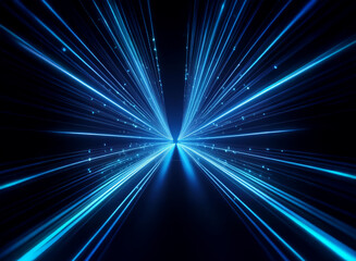 Abstract image of glowing blue light streaks radiating outwards from a central point, creating a sense of speed and movement against a dark background, resembling a tunnel or starburst.