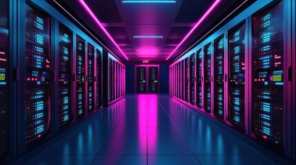 Fototapeta premium Neon-lit server room; data center aisle, networking infrastructure, digital technology