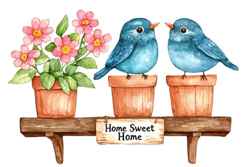 Two charming blue birds perched on wooden pots, flanking a vibrant pink flower arrangement with a "Home Sweet Home" sign below.