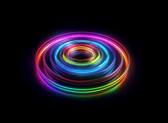 Vibrant, concentric neon rings glow in the dark, creating a mesmerizing, colorful abstract design.  The rings overlap, forming a dynamic, circular pattern.