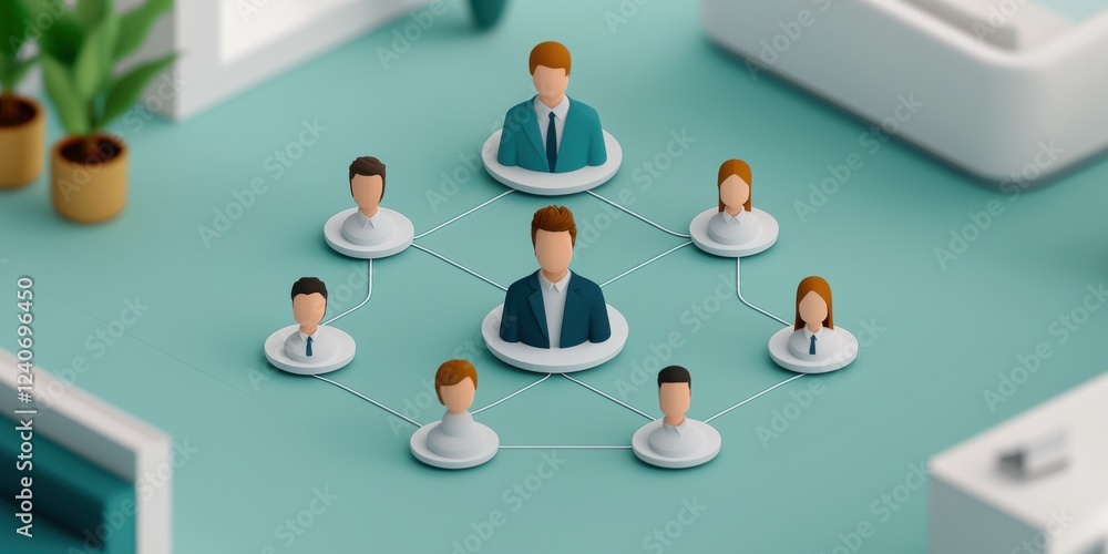 Poster a digital illustration showing a hierarchical team structure with a central figure connected to seve