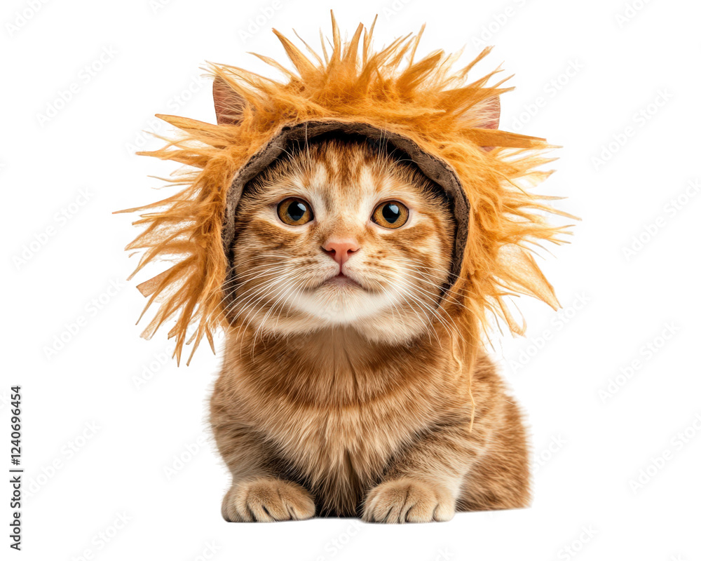 Poster cat with makeshift mane resembling lion, showcasing playful and humorous expression. this adorable f