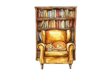 A cozy yellow armchair with a sleeping cat on it, positioned in front of a wooden bookshelf filled with books.