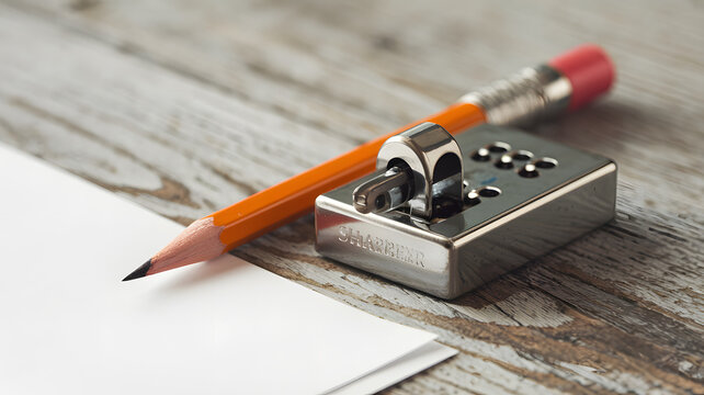 A pencil sharpener beside a pencil.