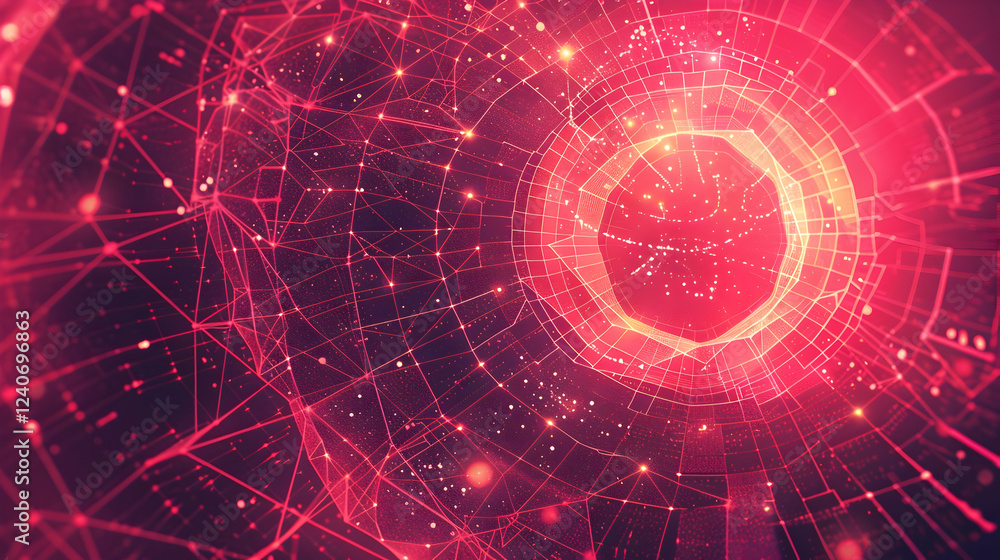 Poster Abstract digital background featuring vibrant pink and red geometric patterns with glowing nodes