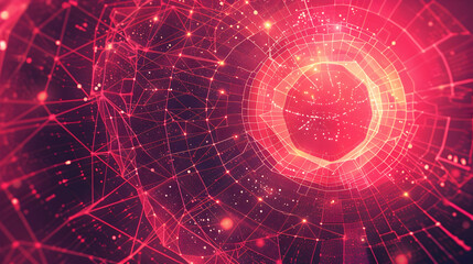 Fototapeta premium Abstract digital background featuring vibrant pink and red geometric patterns with glowing nodes