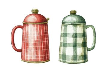 Two vintage-style mugs with distinct patterns: one red with a grid design and one gray with a checkered pattern, both featuring lids and handles.