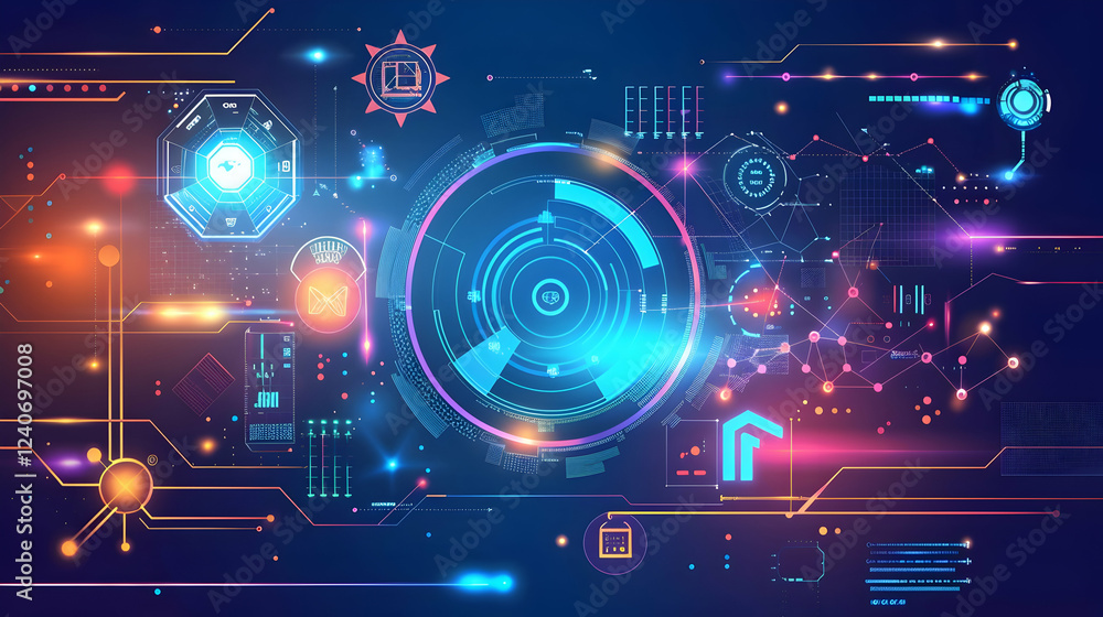 Aufkleber futuristic digital interface with vibrant data visualizations and network connections