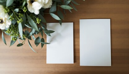 Bouquet with anemones and greenery, wedding concept, blank cards for invitations, copy space
