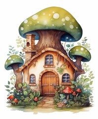 Whimsical Mushroom House Surrounded by Enchanted Forest Elements