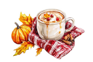 A cozy mug filled with creamy beverage, adorned with cranberries, nestled in a red plaid cloth, accompanied by a small pumpkin and cinnamon sticks.
