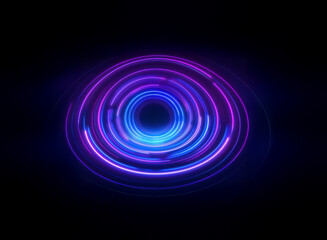 Naklejka premium Abstract glowing concentric circles in vibrant purple and blue hues against a black background. The swirling light creates a hypnotic effect.