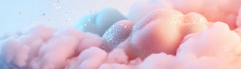 Fototapeta premium A beautiful pastel gradient fills the space, resembling soft clouds in blush, lilac, and sky blue. Glitter sparkles catch the light, adding a touch of magic and tranquility to the scene