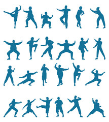 Tai chi people silhouettes isolated set. Male and female monochrome faceless figure practicing Chinese martial arts, geriatric gymnastics, spiritual techniques for health and wellbeing vector